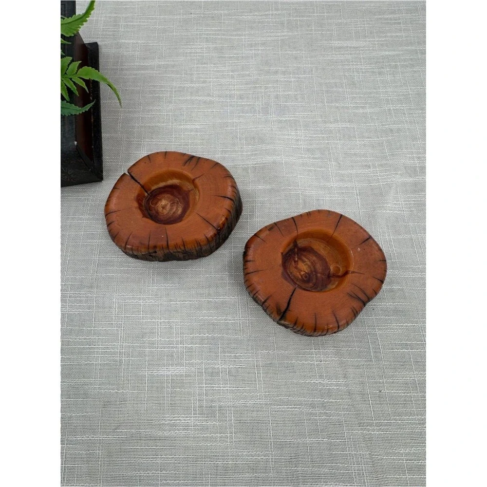 Vintage Hand Turned Natural Wood Log Votive Candle Holders Rustic Cabin Decor